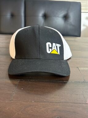 Caterpillar Black and White CAT Logo Trucker Hat with Yellow Accent
